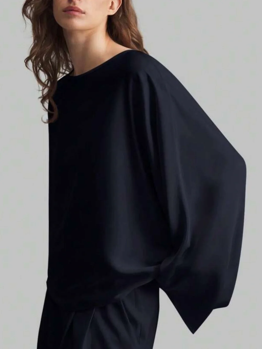 Dark navy blue Satin Wide-Sleeve Sleep Top